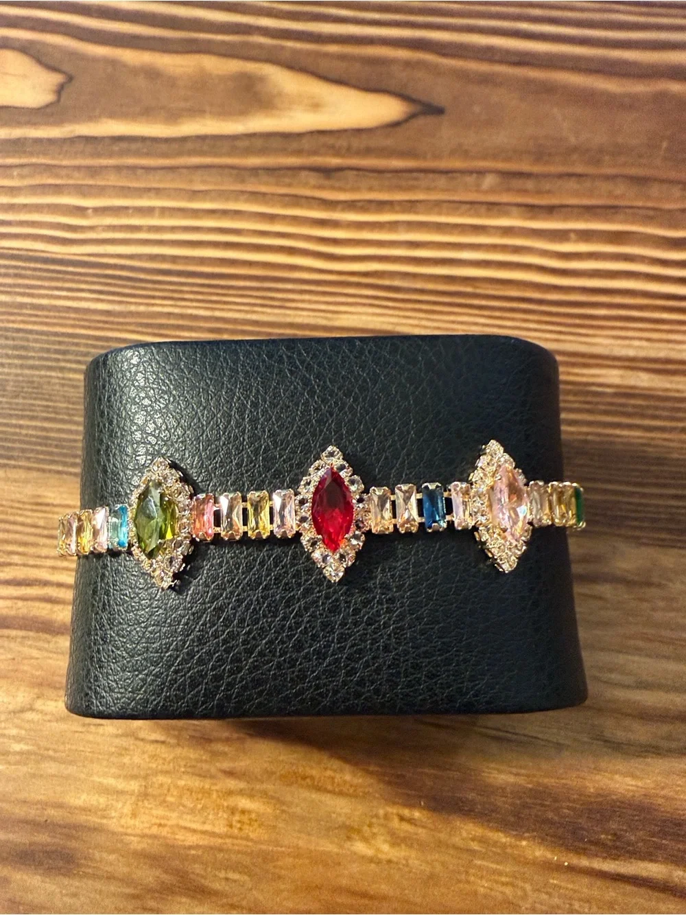 Gold Plated Multicolor Crystal Tennis Statement Bracelet  with Red Green & Pink